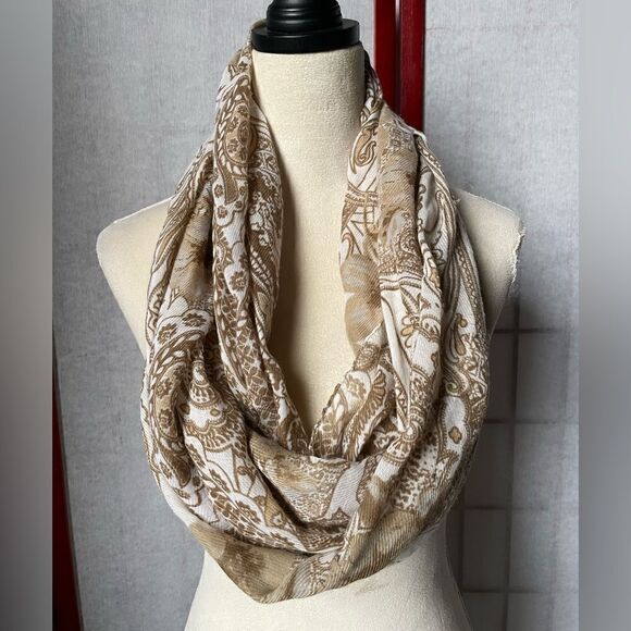Infinity Scarf with Cream, Tan and White Paisley and Floral Designs (OS) - Picture 2 of 13